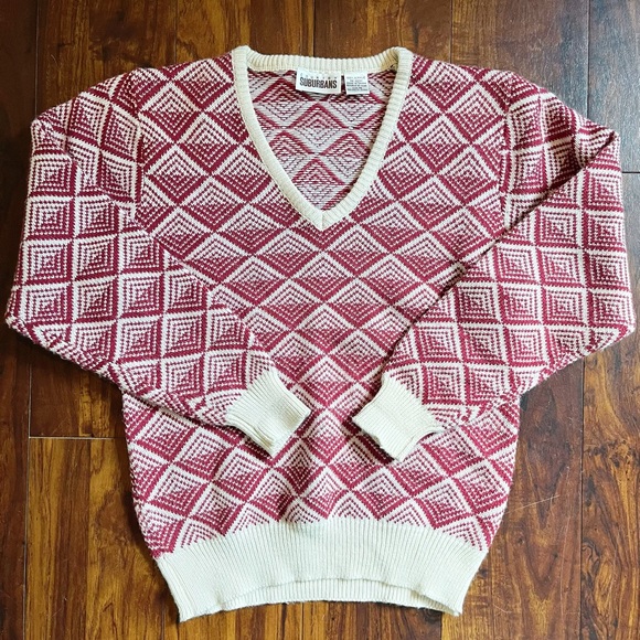 Vintage Country Suburbans Geometric Pattern V-Neck Sweater - Picture 1 of 6